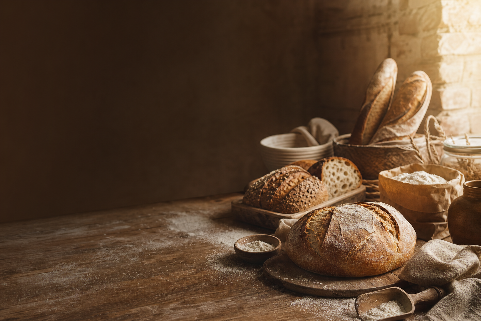 bancada de madeira com pães artesanais recém-assados, farinha, tigelas e clima acolhedor sem texto