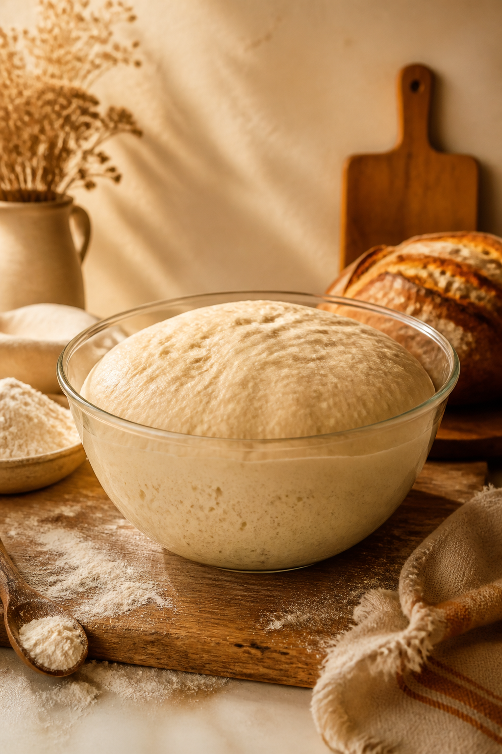 massa crescendo em bowl de cozinha com farinha e pão artesanal assado 4:5