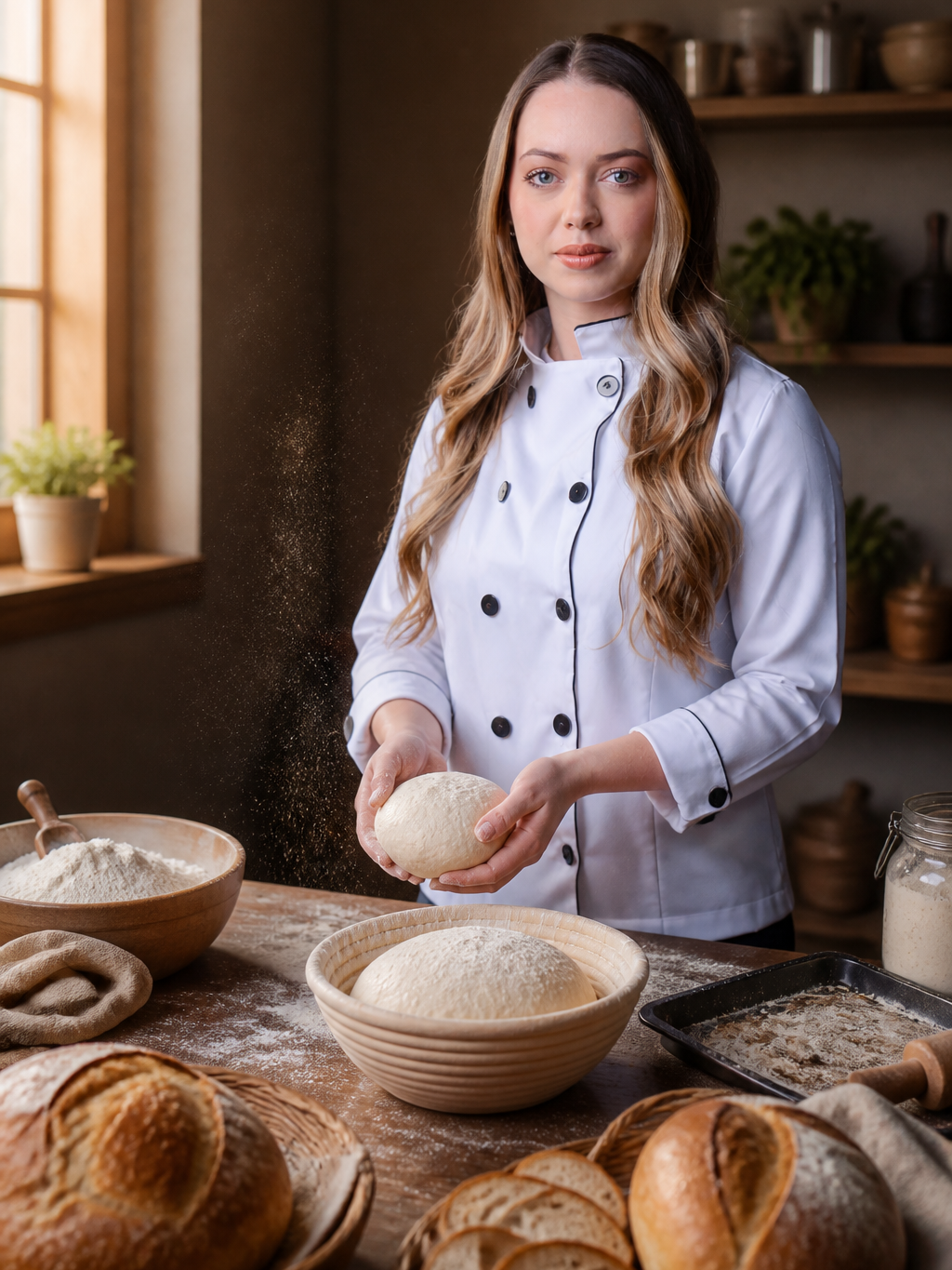 Padeira sorrindo segurando um pão artesanal em uma padaria